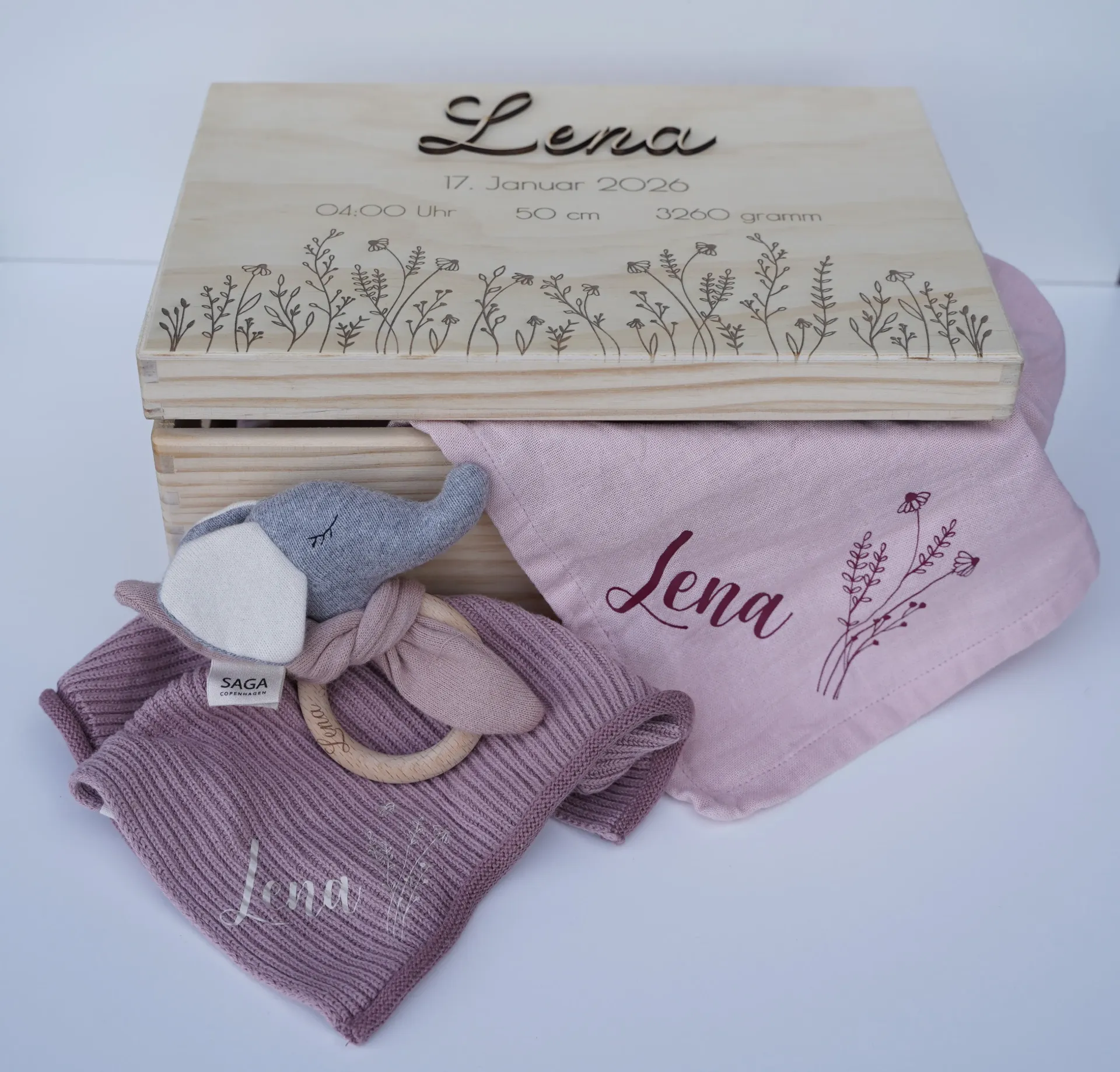 Erinnerungskiste Baby - "Blumenwiese" Komplettset (Gravur)
