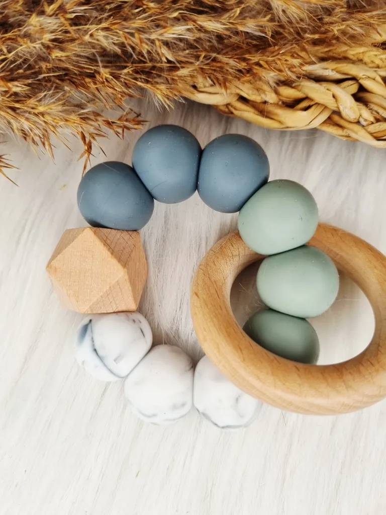 Beißring - Marmor blau/salbei personalisiert (ohne Name)